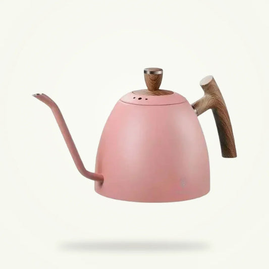 Rose gooseneck tea kettle for stovetop and induction, stainless steel, front view on plain background