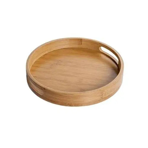 Round bamboo tea tray with teapot and cups