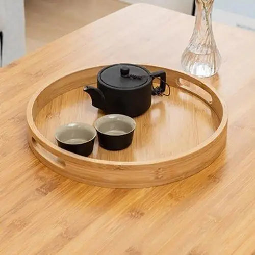 Round bamboo tea tray 30 cm with teapot