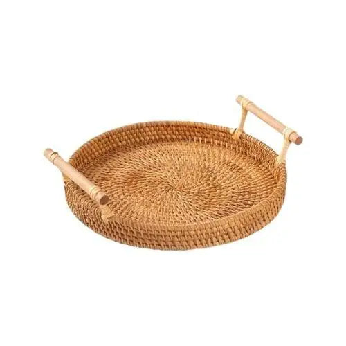Close-up of handwoven wicker texture on tea tray