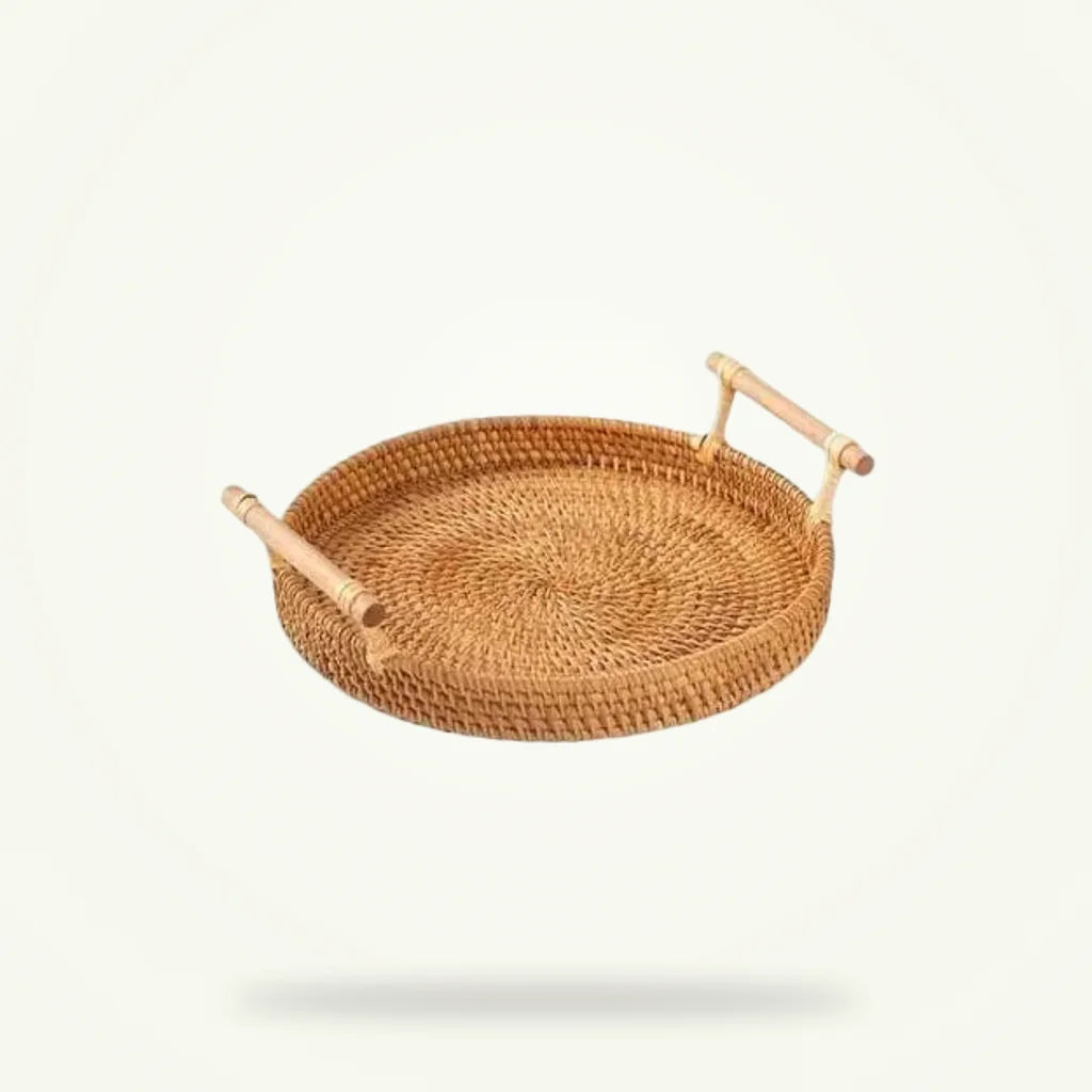 Round Wicker Tea Tray - Handwoven Japanese Style Serving Tray, product photo on a plain background