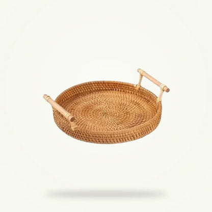 Round Wicker Tea Tray - Handwoven Japanese Style Serving Tray, product photo on a plain background