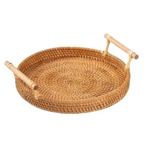 Large round wicker tea tray with wooden handles