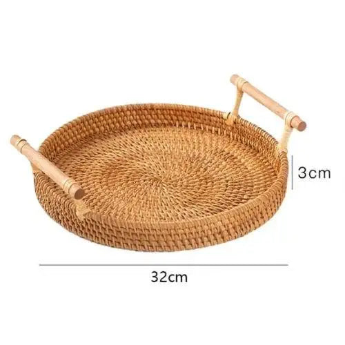 Round wicker tea tray size view with teapot