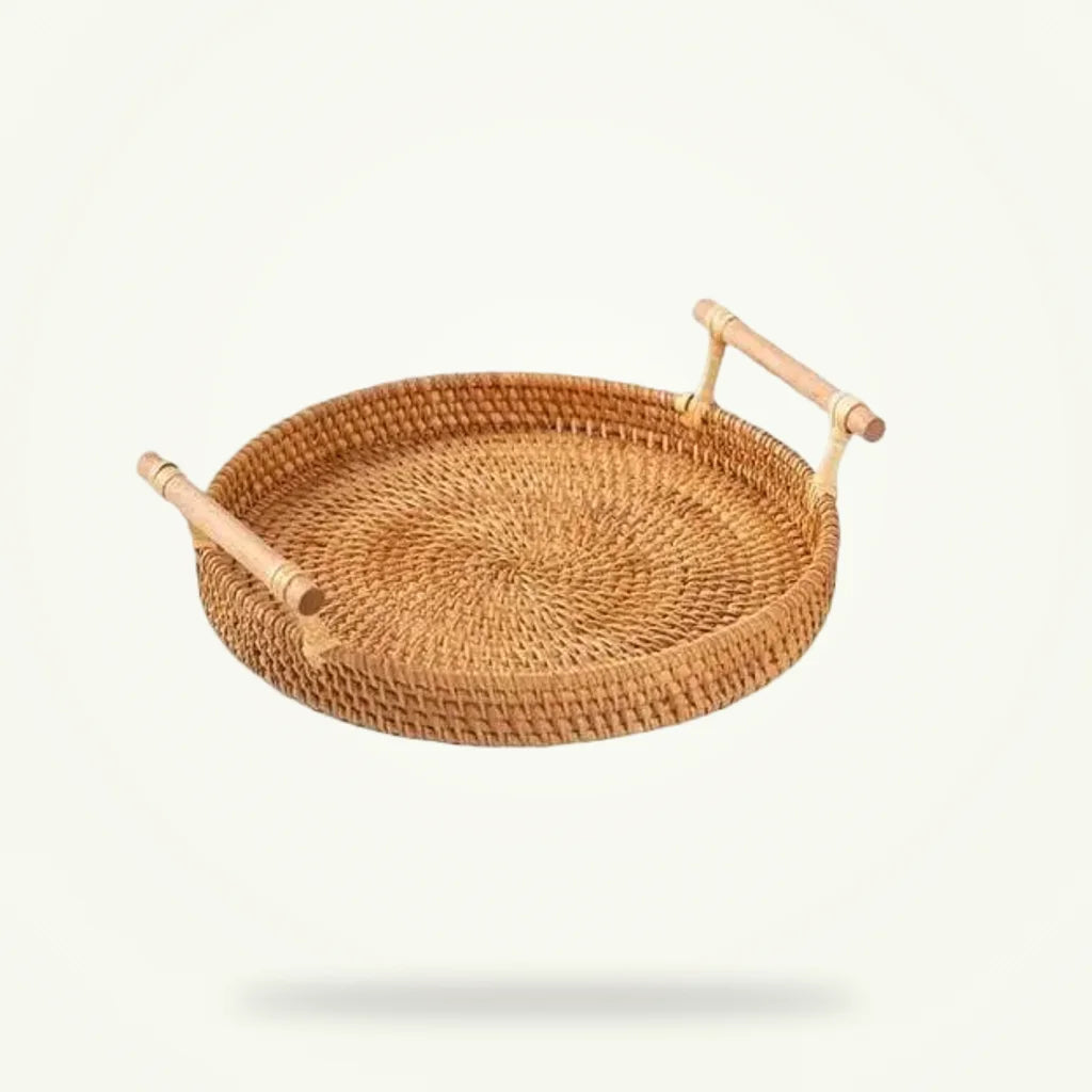 Round Wicker Tea Tray - Large Serving Tray for Tea Sets, product photo on a plain background