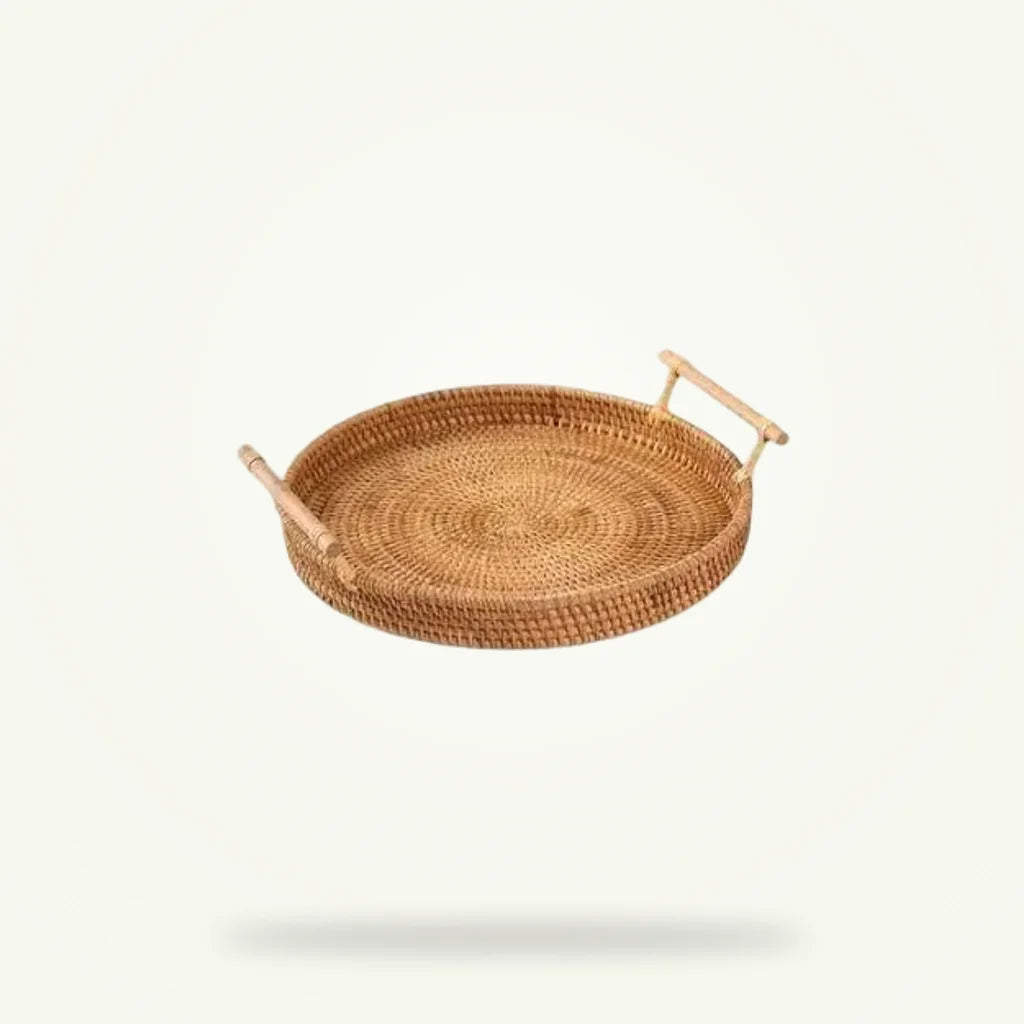 Round Wicker Tea Tray - Small Japanese Style Serving Tray, product photo on a plain background