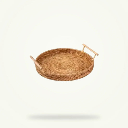 Round Wicker Tea Tray - Small Japanese Style Serving Tray, product photo on a plain background