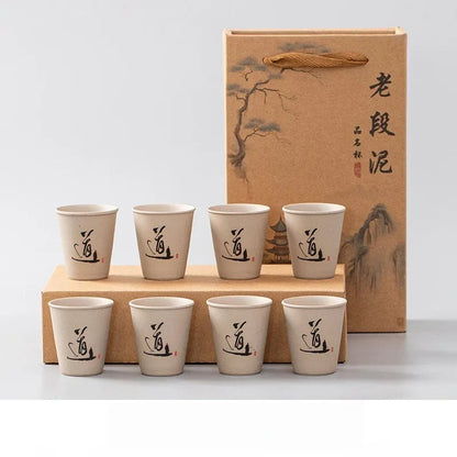 Boxed set of 6 rustic ceramic tea cups closed wooden box with artwork