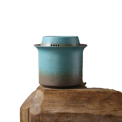 Gaiwan infuser with filter lid open showing loose tea leaves inside