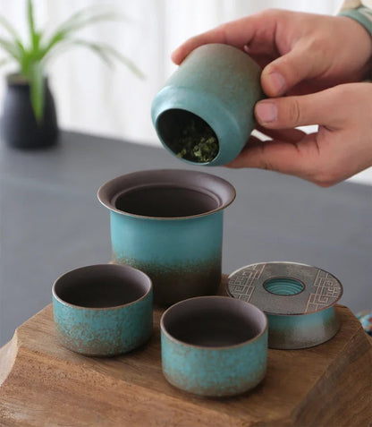 8-piece green ceramic tea set packed in lined gift box with handle