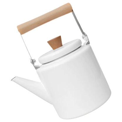 White hygge teapot with steam rising from the spout