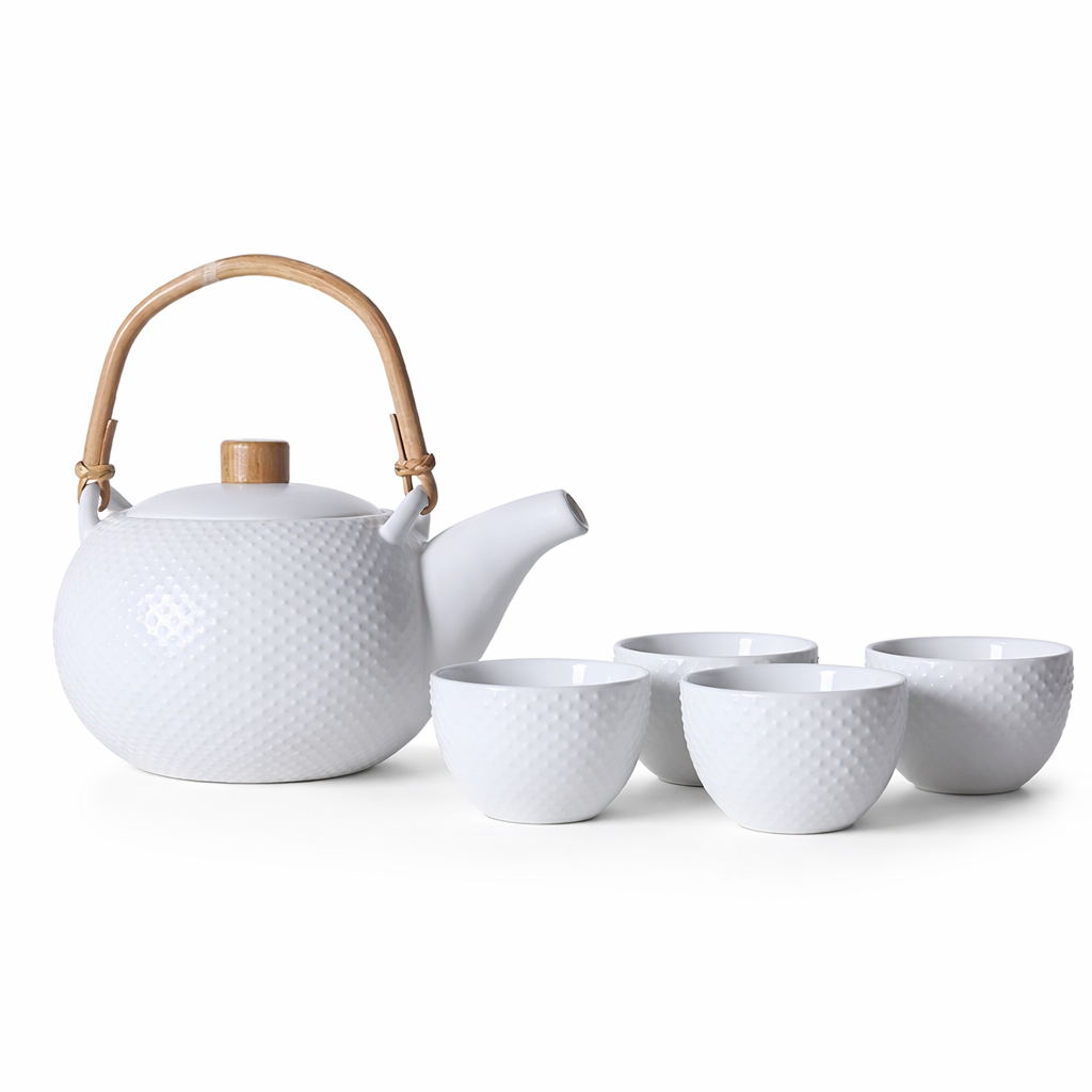 Scandinavian ceramic teapot 800ml white with matching cup on table