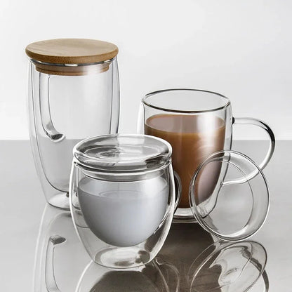 Double wall glass teapot 350ml with bamboo lid, heat-retaining insulated design