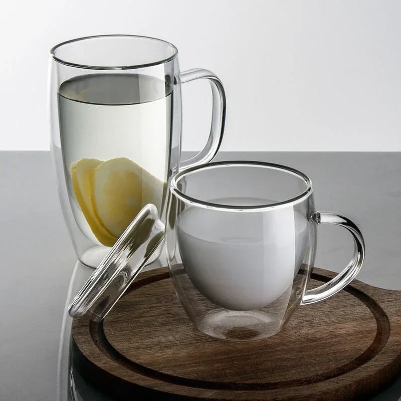 Scandinavian double wall glass teapot 450ml with glass lid, side profile view