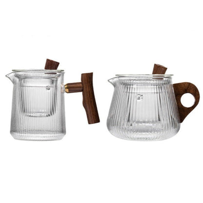 Nordic glass teapot with wooden handle and lid, side view