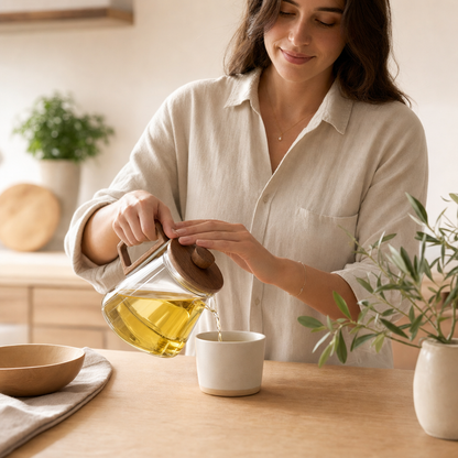 Minimalist glass teapot steeping loose-leaf tea on a morning kitchen table