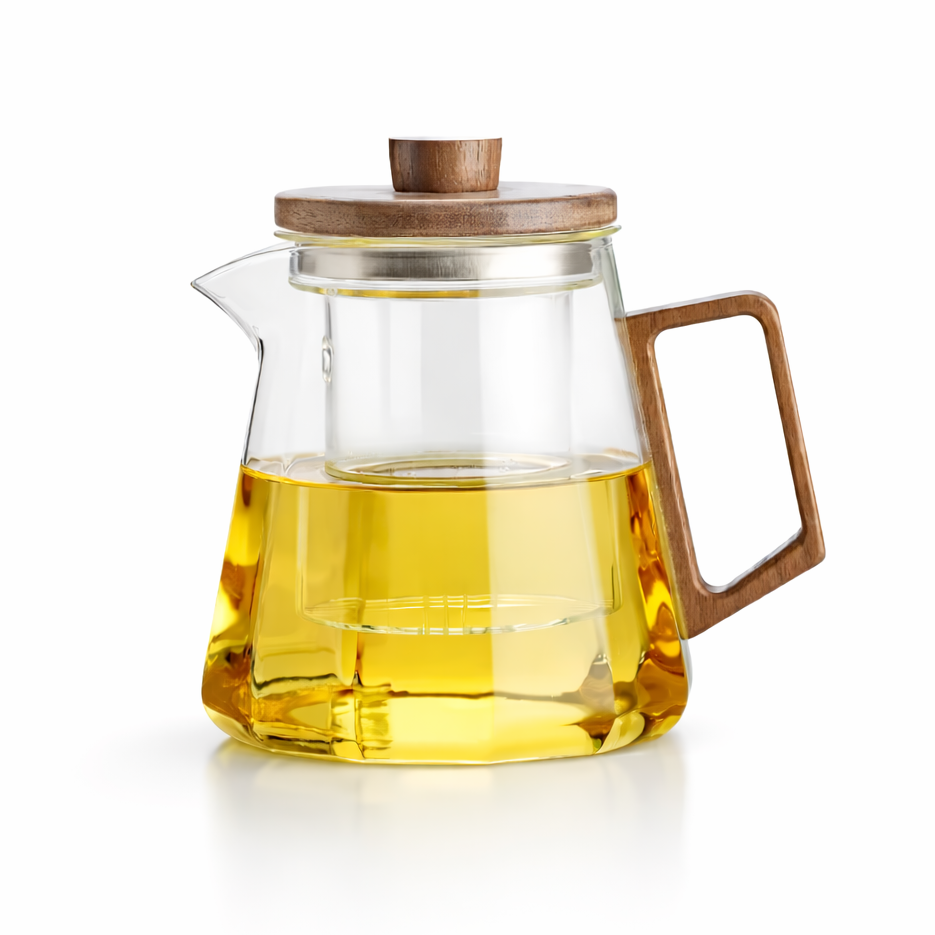 Borosilicate glass teapot with stainless infuser and fitted lid, close-up