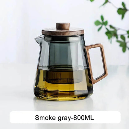 Loose-leaf tea steeping inside borosilicate glass teapot, leaves circulating freely