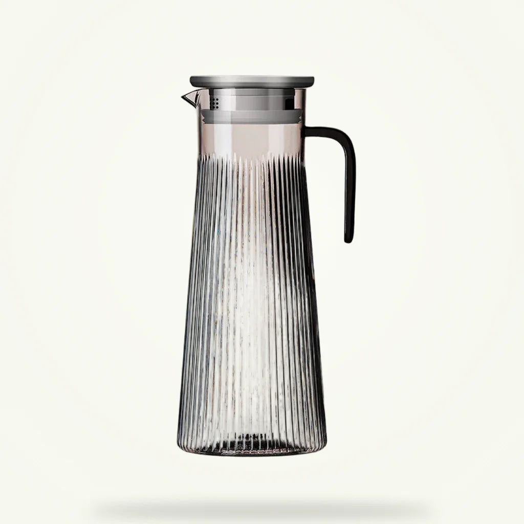 Scandinavian glass teapot with stainless steel infuser on plain background, 1L 1.2L 1.6L sizes
