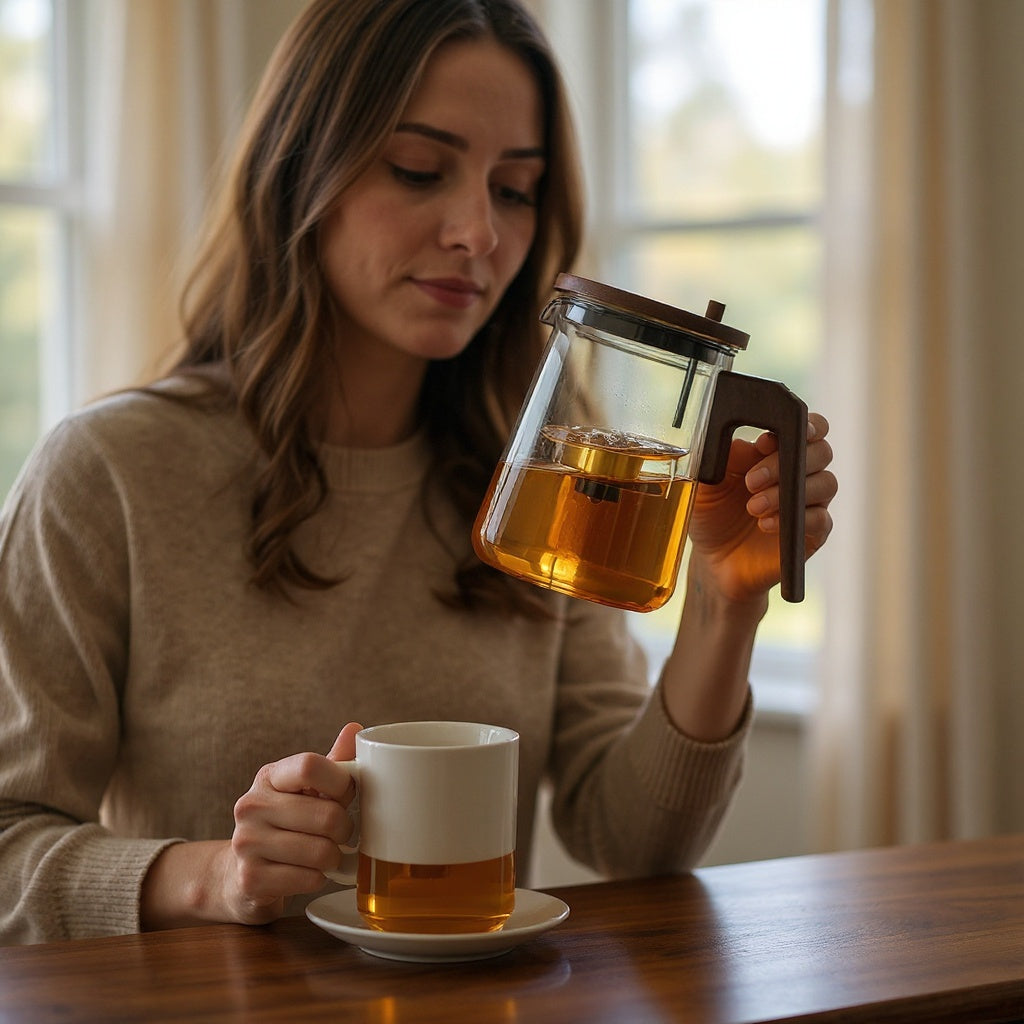 Clear glass teapot with stainless steel infuser on a wooden kitchen counter