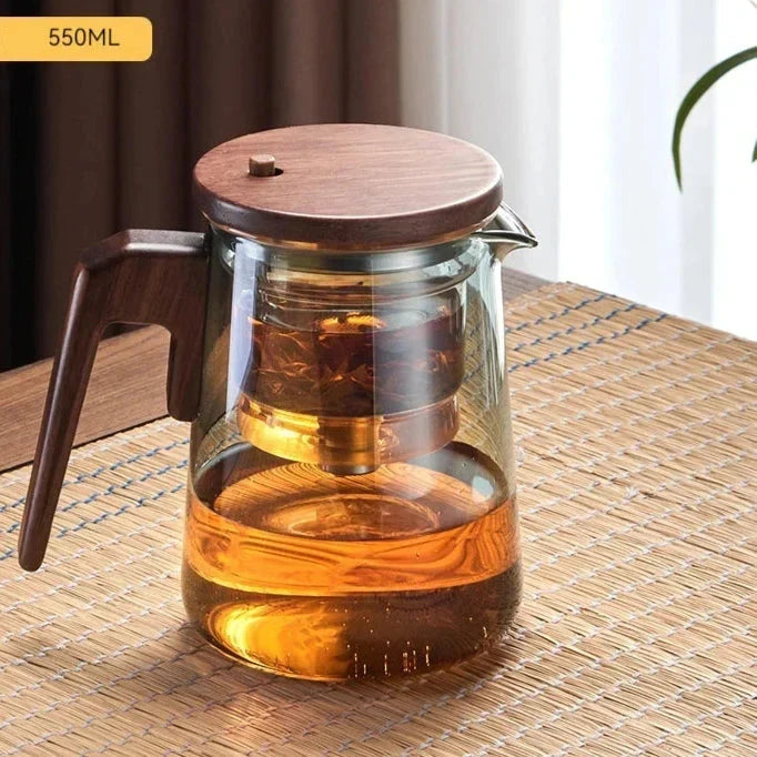 Scandinavian glass teapot 750ml with lid and infuser on a white tray