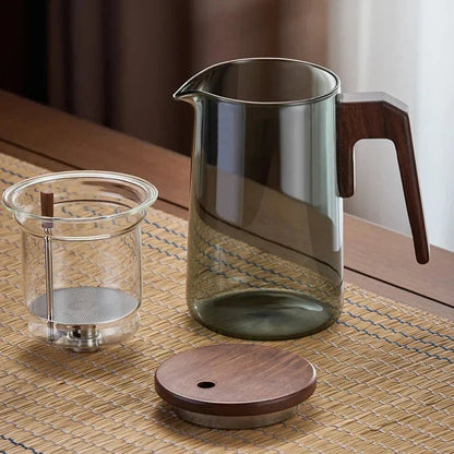Nordic glass teapot with infuser detail: stainless steel filter basket close-up