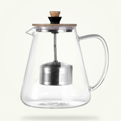 Scandinavian glass teapot with stainless steel infuser on plain background, 950ml and 1300ml sizes