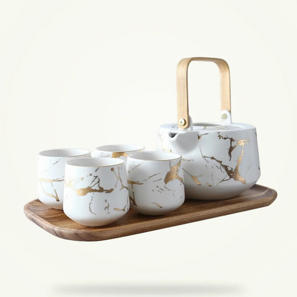 Scandinavian porcelain teapot 1L packshot, Black and Gold colorway on neutral background