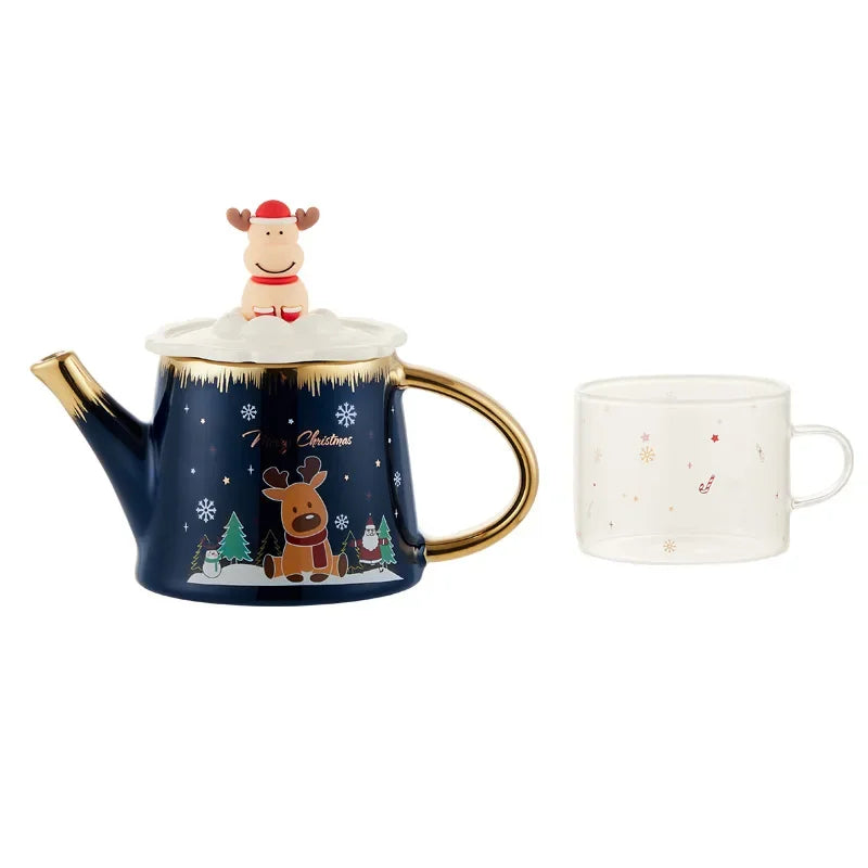 Green Gold Scandinavian porcelain teapot 500ml, side view showing spout and lid