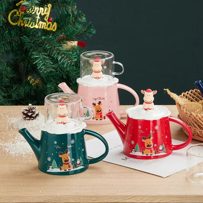 Red Gold Scandinavian porcelain teapot 500ml with decorative gold trim, Granny Lulu Holiday Collection