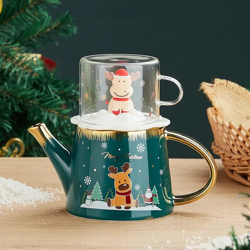 Blue Scandinavian porcelain teapot 500ml, Granny Lulu Holiday Collection, blue glaze with gold accents