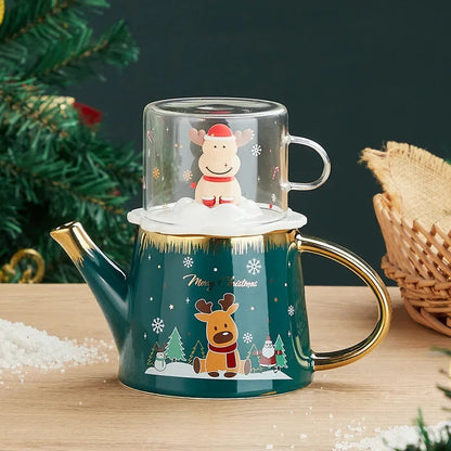 Blue Scandinavian porcelain teapot 500ml, Granny Lulu Holiday Collection, blue glaze with gold accents