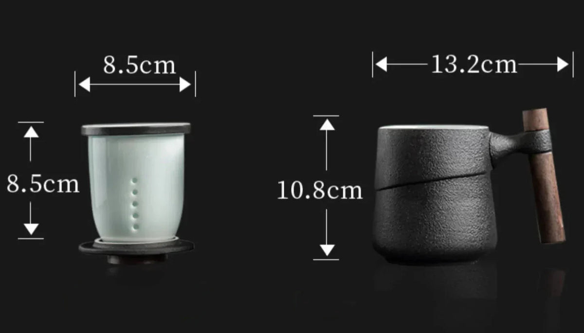 Scandinavian teapot with infuser 350ml on wooden table next to tea cup