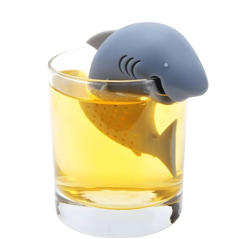 Gray silicone shark tea infuser shown from the front