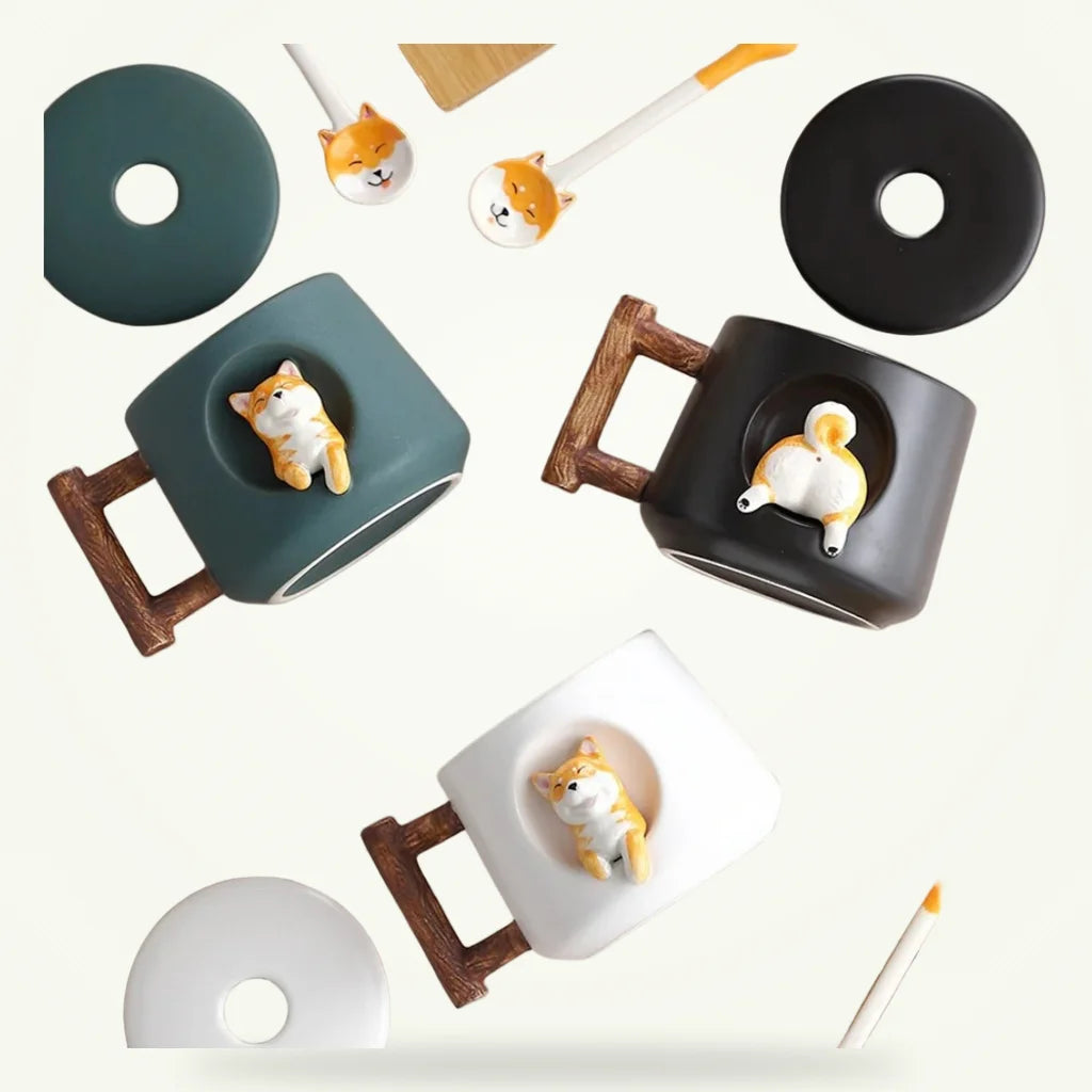 Shiba Inu mug with lid and spoon, full set on plain background