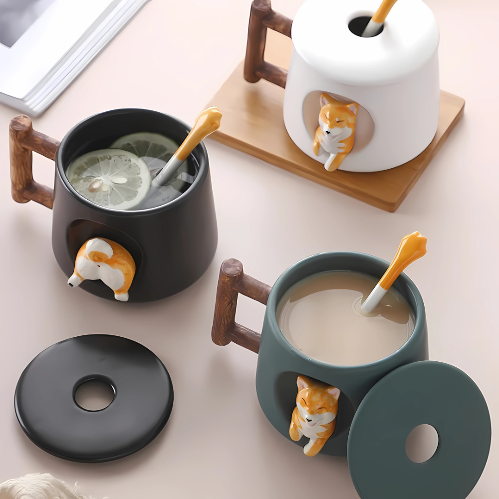 Shiba Inu porcelain cup with matching spoon resting on lid