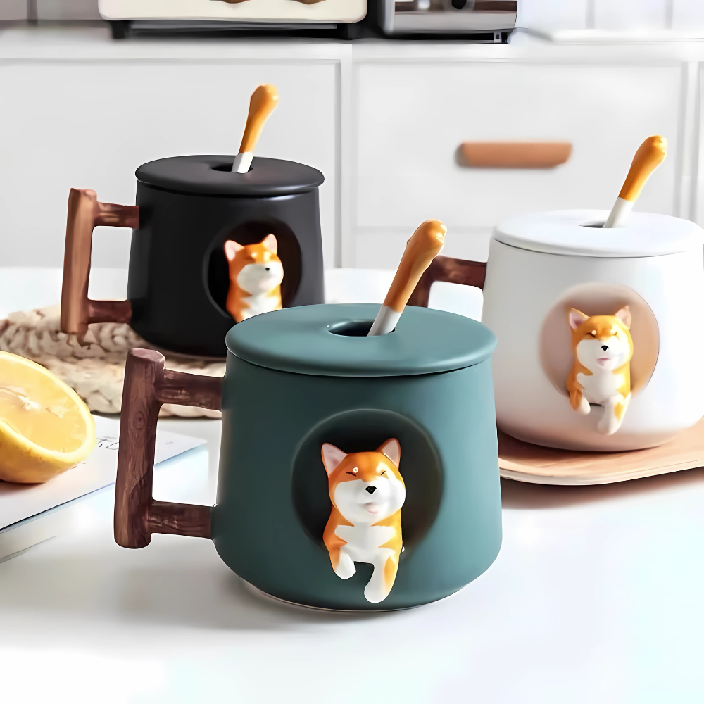 Shiba Inu porcelain cup filled with tea and lid placed on top