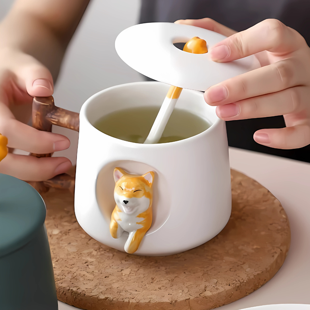 White Shiba Inu ceramic tea mug with matching lid and spoon