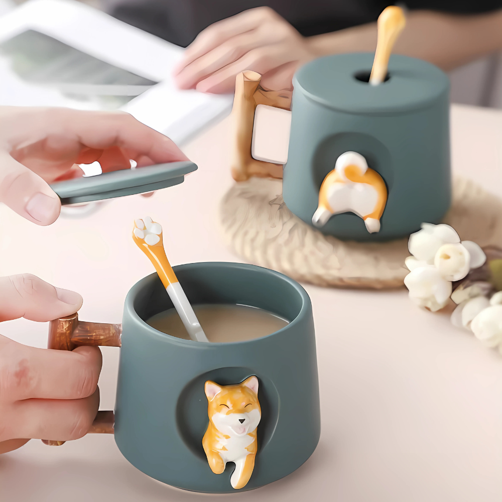 Black Shiba Inu tea cup with wooden handle