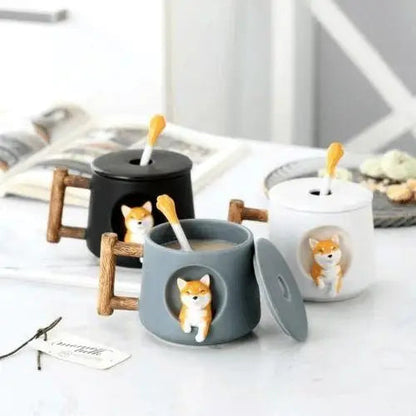 White and black Shiba Inu tea mugs with lid and spoon, all colors