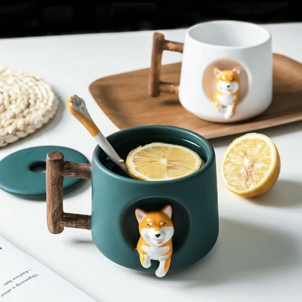 White Shiba Inu lidded mug set with spoon, top angle view
