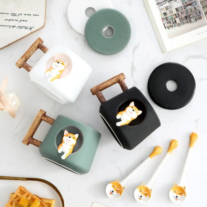 Black Shiba Inu mug with lid and spoon, complete gift set view