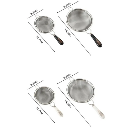 Stainless steel tea strainer with a teapot and cups