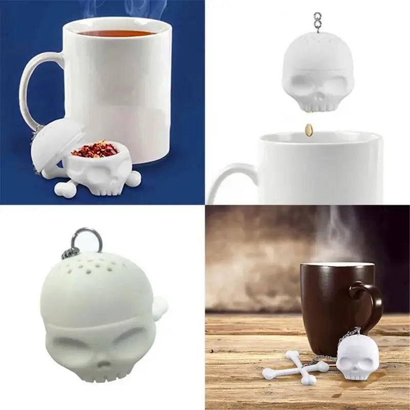 Skull tea infuser next to a teapot