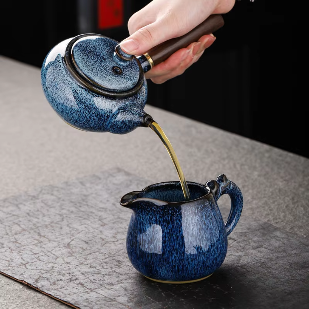 Compact ceramic teapot with side handle, front view