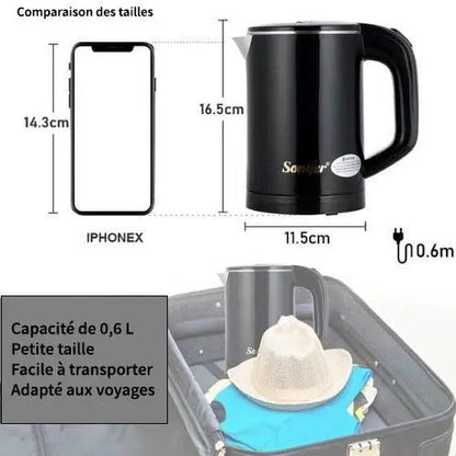 Compact black electric kettle pouring hot water