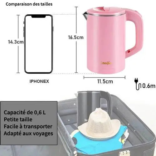 Rose pink electric kettle size comparison with mug