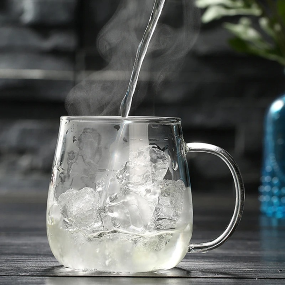 Glass teapot with infuser and tea cup side view
