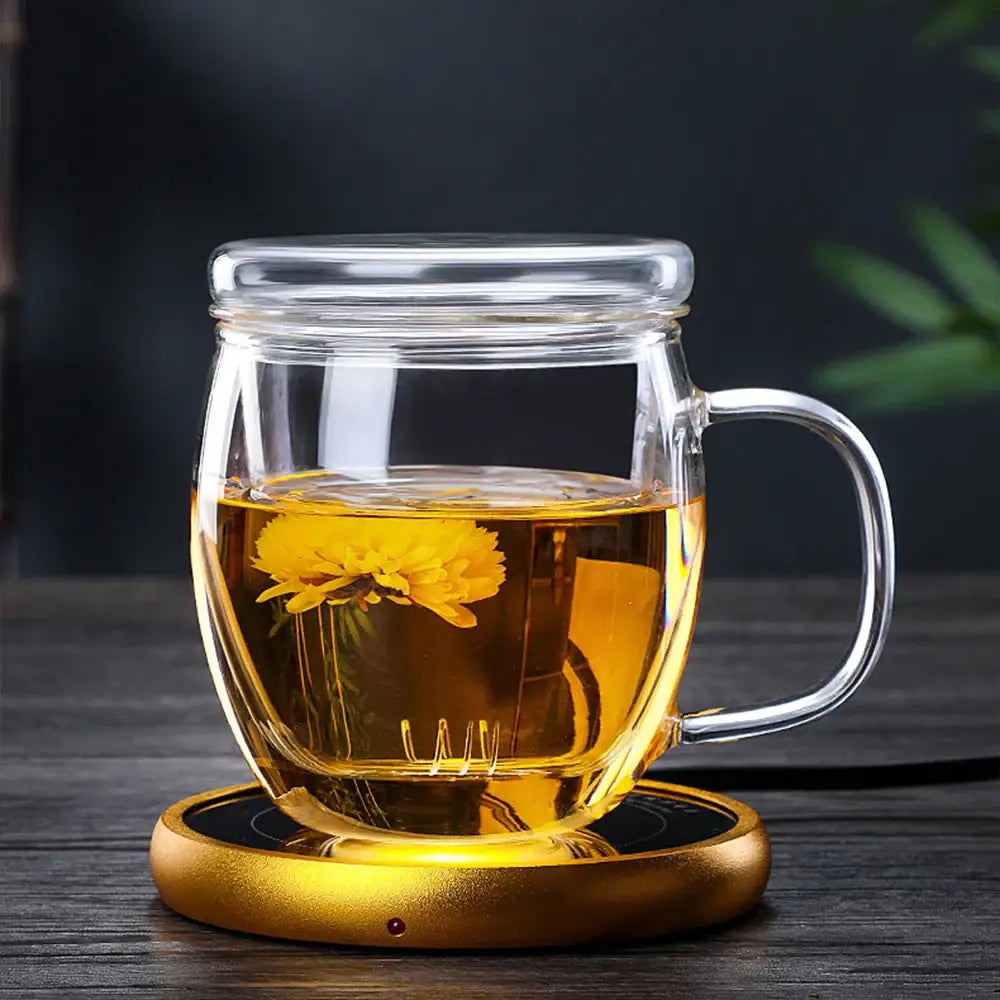 Close up of glass teapot infuser with tea leaves