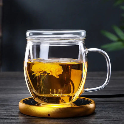 Close up of glass teapot infuser with tea leaves